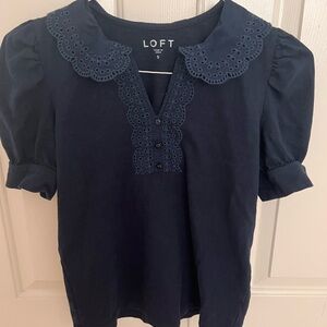 LOFT Women's Dark Blue Blouse with Eyelet Collar